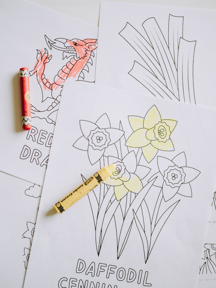 about-01 Coloring pages featuring a red dragon and daffodils with crayons scattered on a white background.